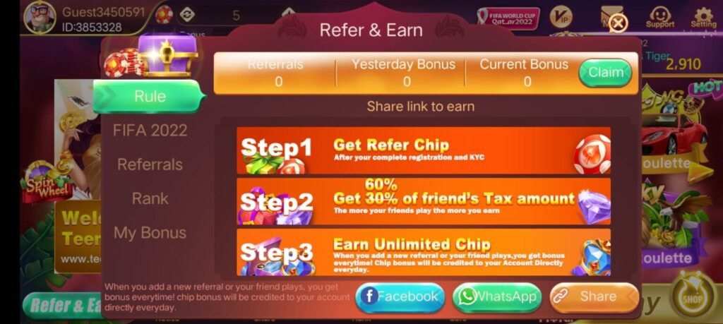 Refer & Earn Teen Patti Hunter App